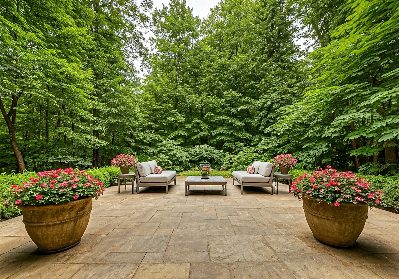 Elegant stone patio with a luxurious outdoor seating area. 35mm stock photo