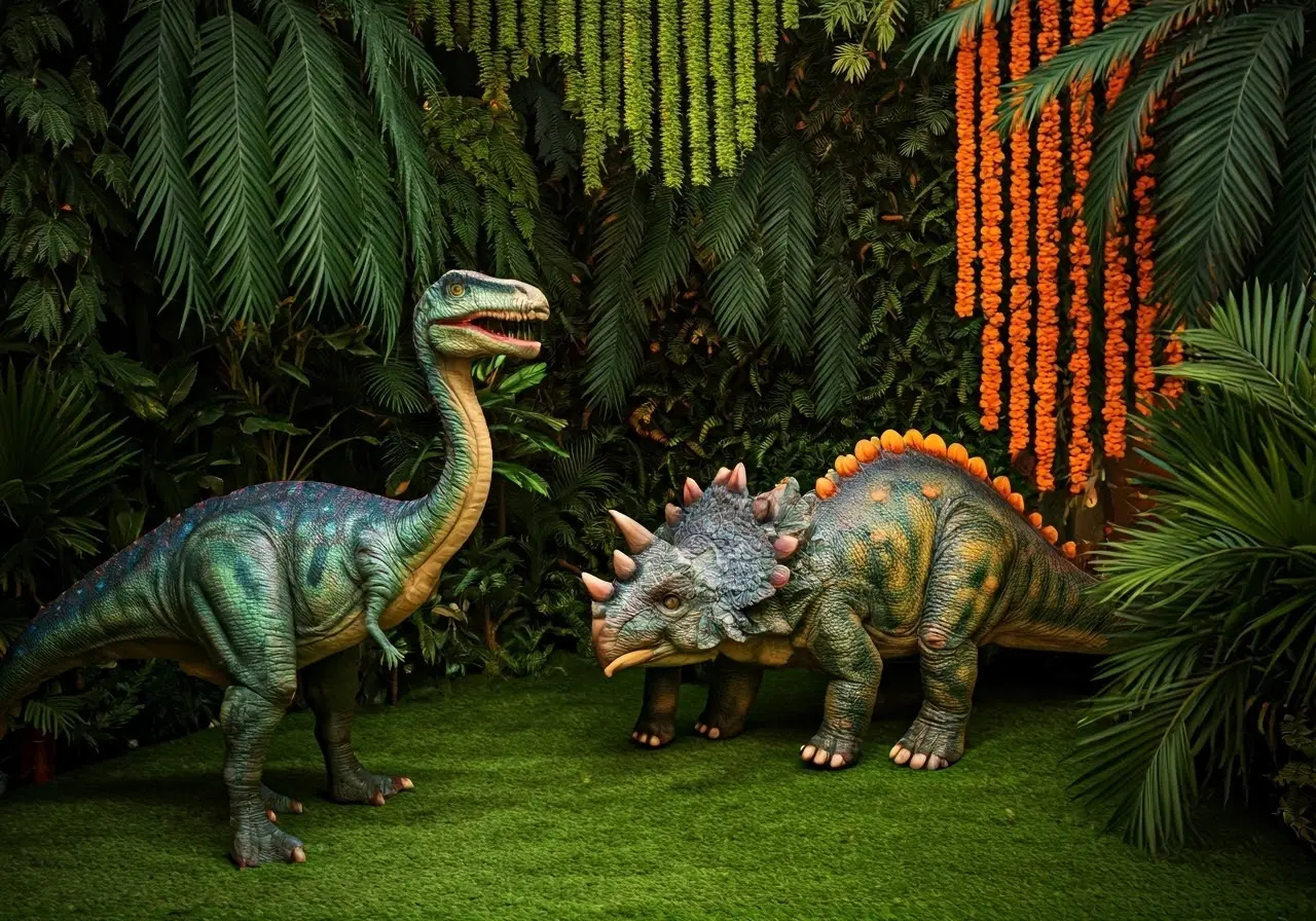Dinosaurs in a jungle setting with colorful party decorations. 35mm stock photo