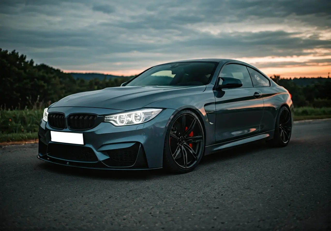 A sleek car with custom LED underglow lights at dusk. 35mm stock photo