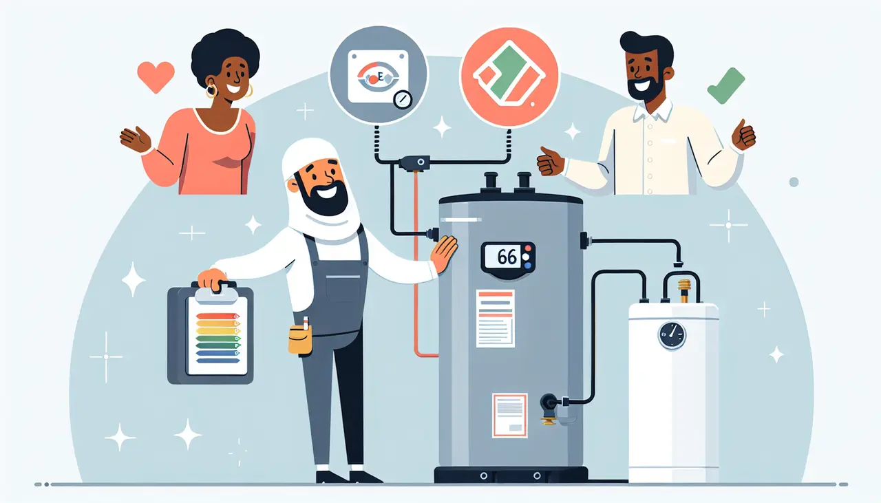 Draw a graphic in flat design style. A clean, minimalist illustration of a smiling technician replacing an old water heater with a new one, with icons representing energy savings and happy homeowners around them.