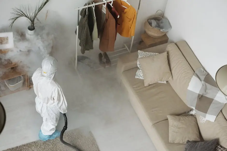 Professional in protective gear sanitizing a modern living room with a fumigation machine.