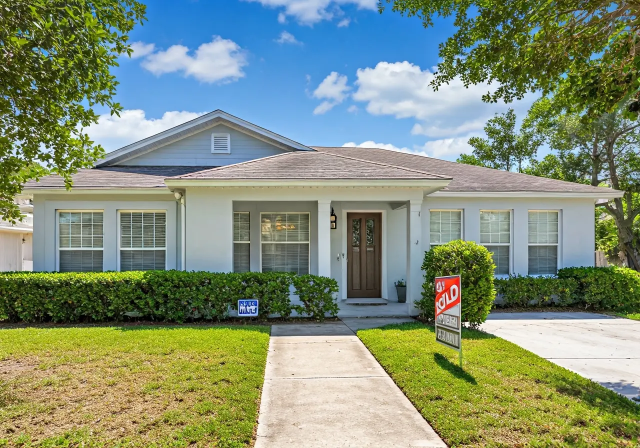 A cozy Tampa home with a Sold sign in front. 35mm stock photo