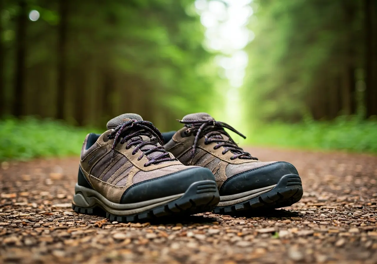 A pair of sturdy hiking shoes on a forest path. 35mm stock photo