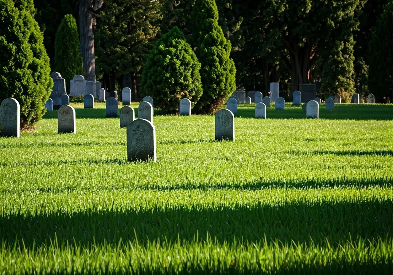 A lush green cemetery with eco-friendly burial markers. 35mm stock photo