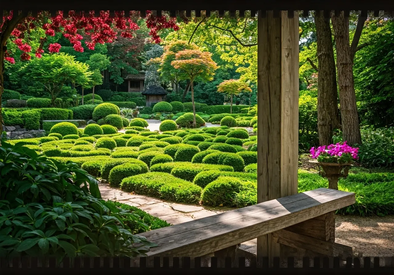 A serene garden with a wooden bench and gentle sunlight. 35mm stock photo