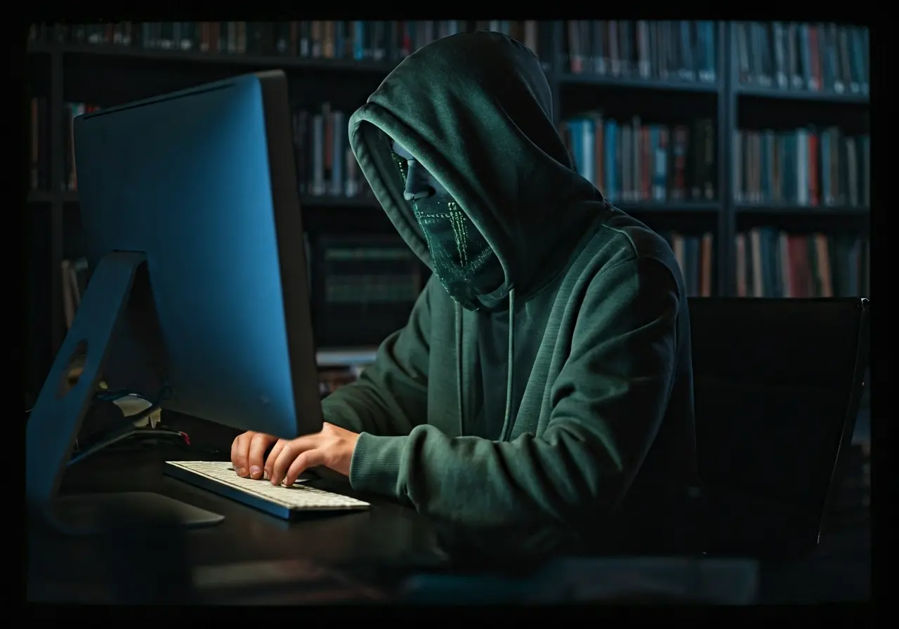 A hacker in a dimly lit room using a computer. 35mm stock photo