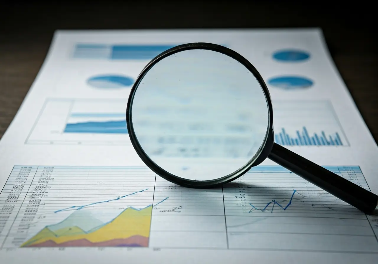 A magnifying glass focusing on a diverse array of charts. 35mm stock photo