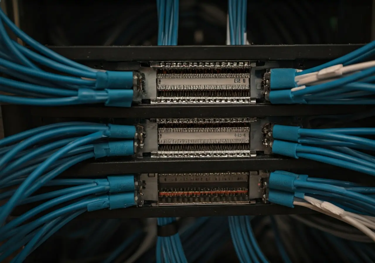 A close-up of a structured cabling system in a commercial building. 35mm stock photo