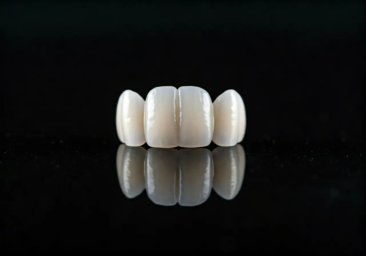 Close-up of a gleaming white porcelain dental veneer on display. 35mm stock photo