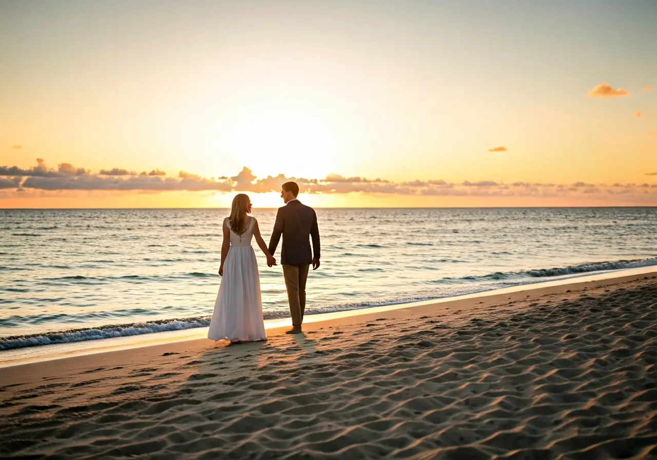 A serene couple walking hand-in-hand on a sunset beach. 35mm stock photo