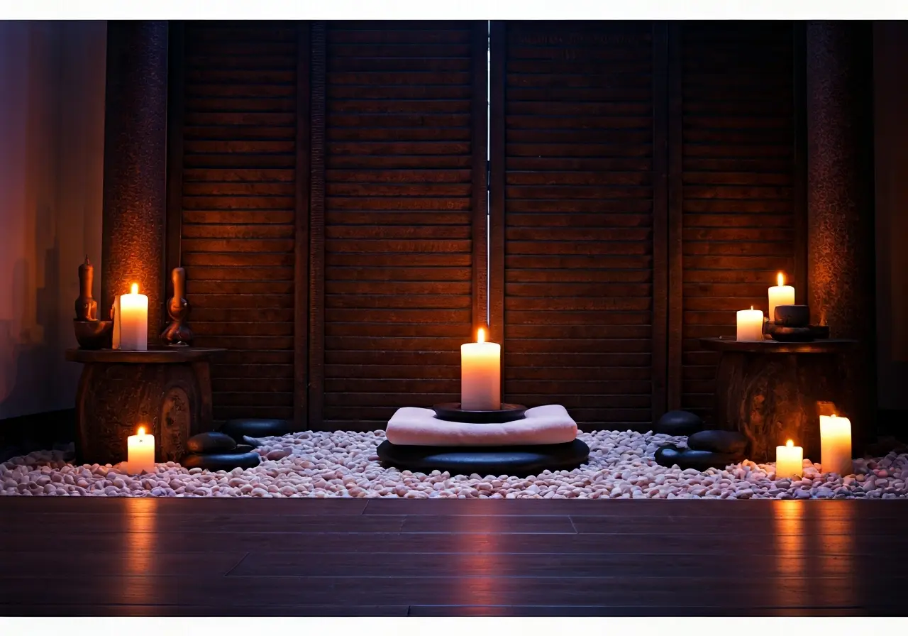 Serene meditation space with candles and Zen garden. 35mm stock photo