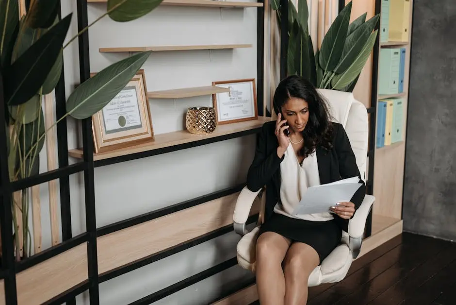 A professional woman in business attire reviews documents while on a phone call in a modern office.