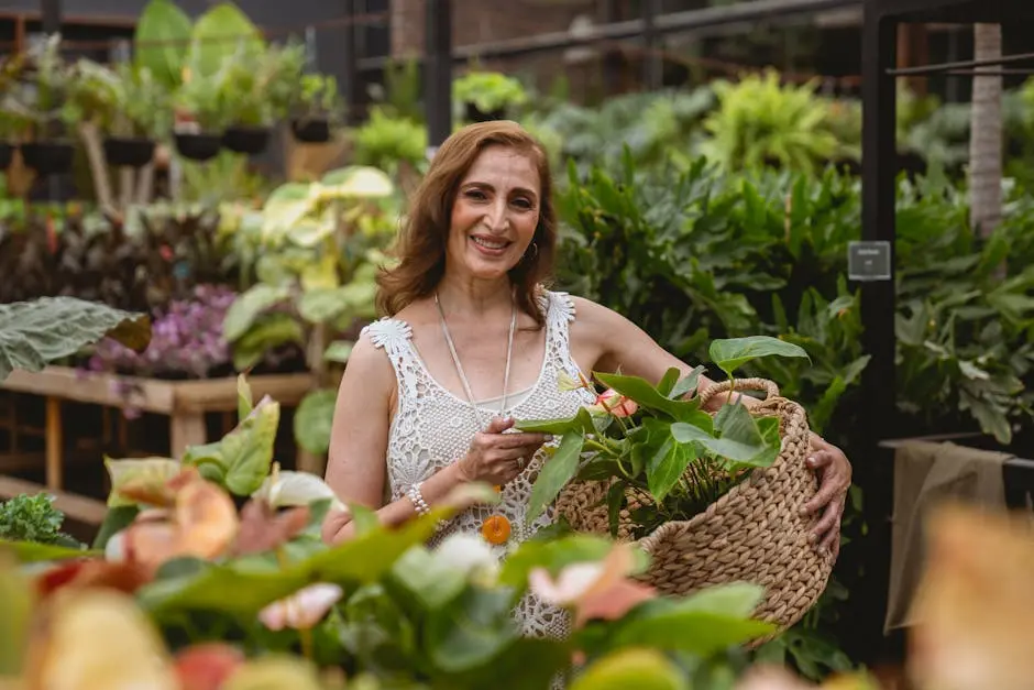A cheerful woman holds a woven basket filled with plants in a vibrant garden center.