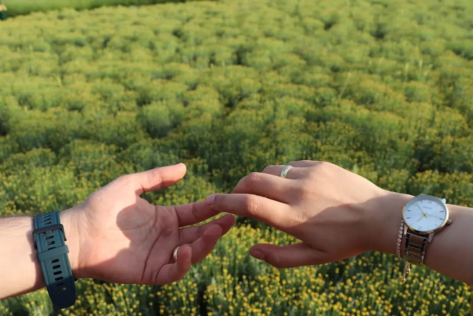 A close-up of a couple’s hands reaching out against a sunlit meadow backdrop, showcasing watches.