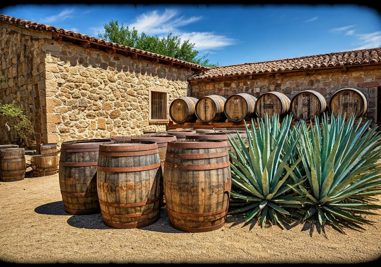A vintage tequila distillery with rustic barrels and agave plants. 35mm stock photo