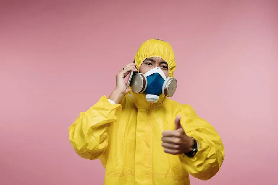 Individual in a yellow hazmat suit with a respirator giving a thumbs up, set against a pink background.