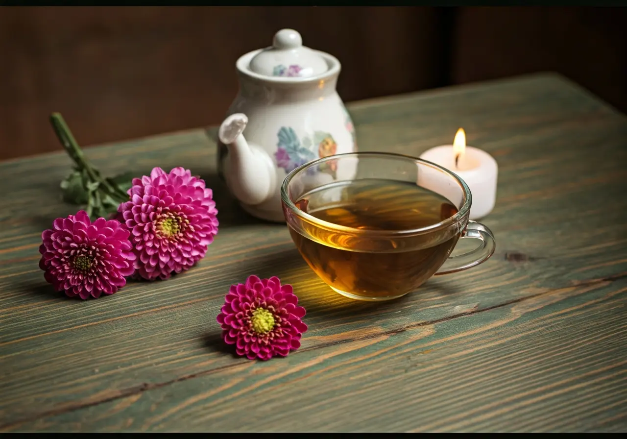 A serene herbal tea setup with blooming flowers and candles. 35mm stock photo
