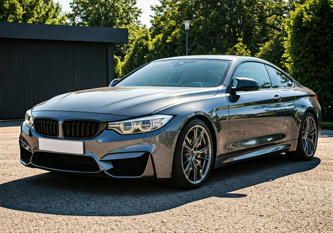 A shiny car with ceramic-coated reflective surface in sunlight. 35mm stock photo