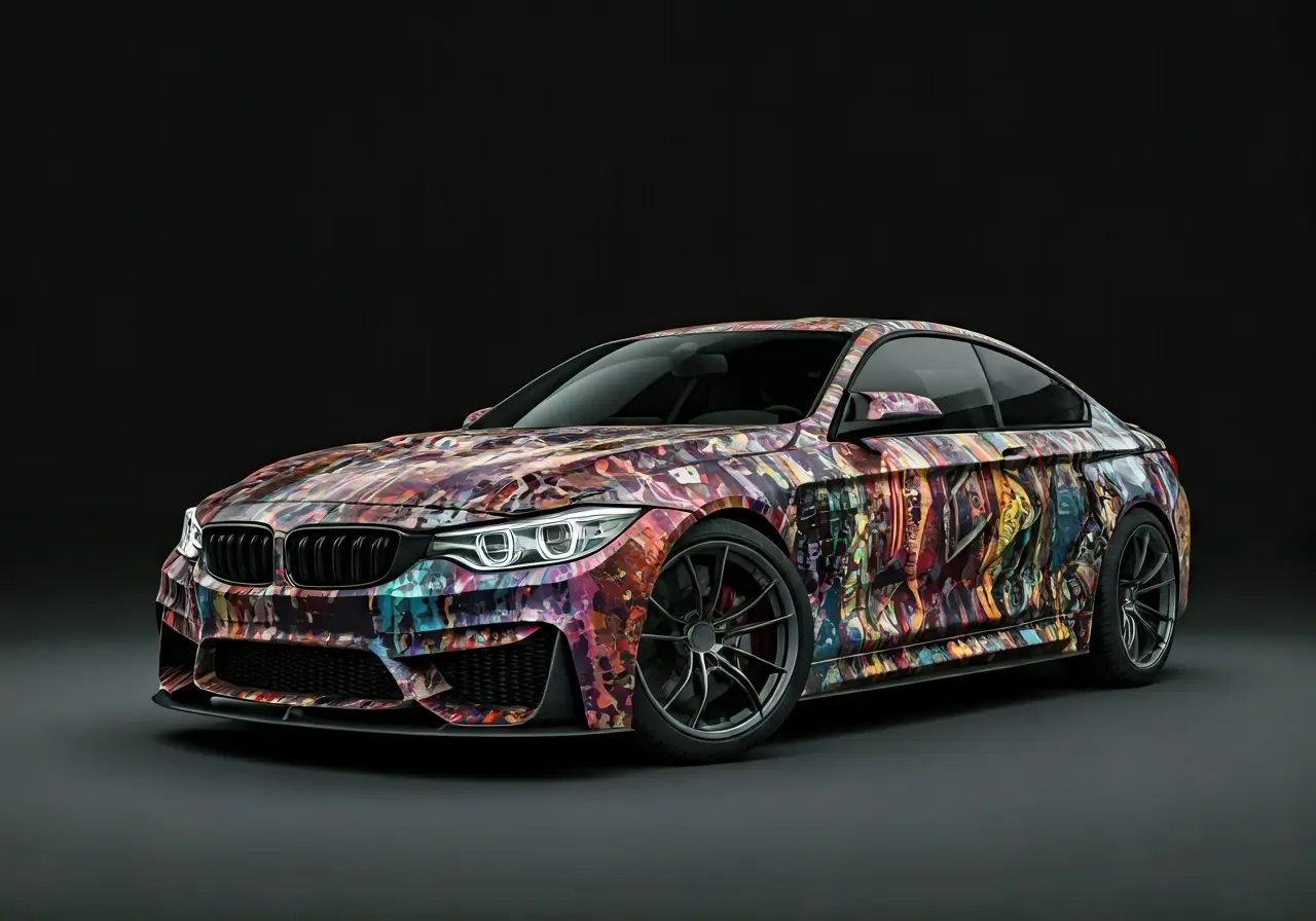 A sleek car with a colorful, eye-catching vinyl wrap. 35mm stock photo