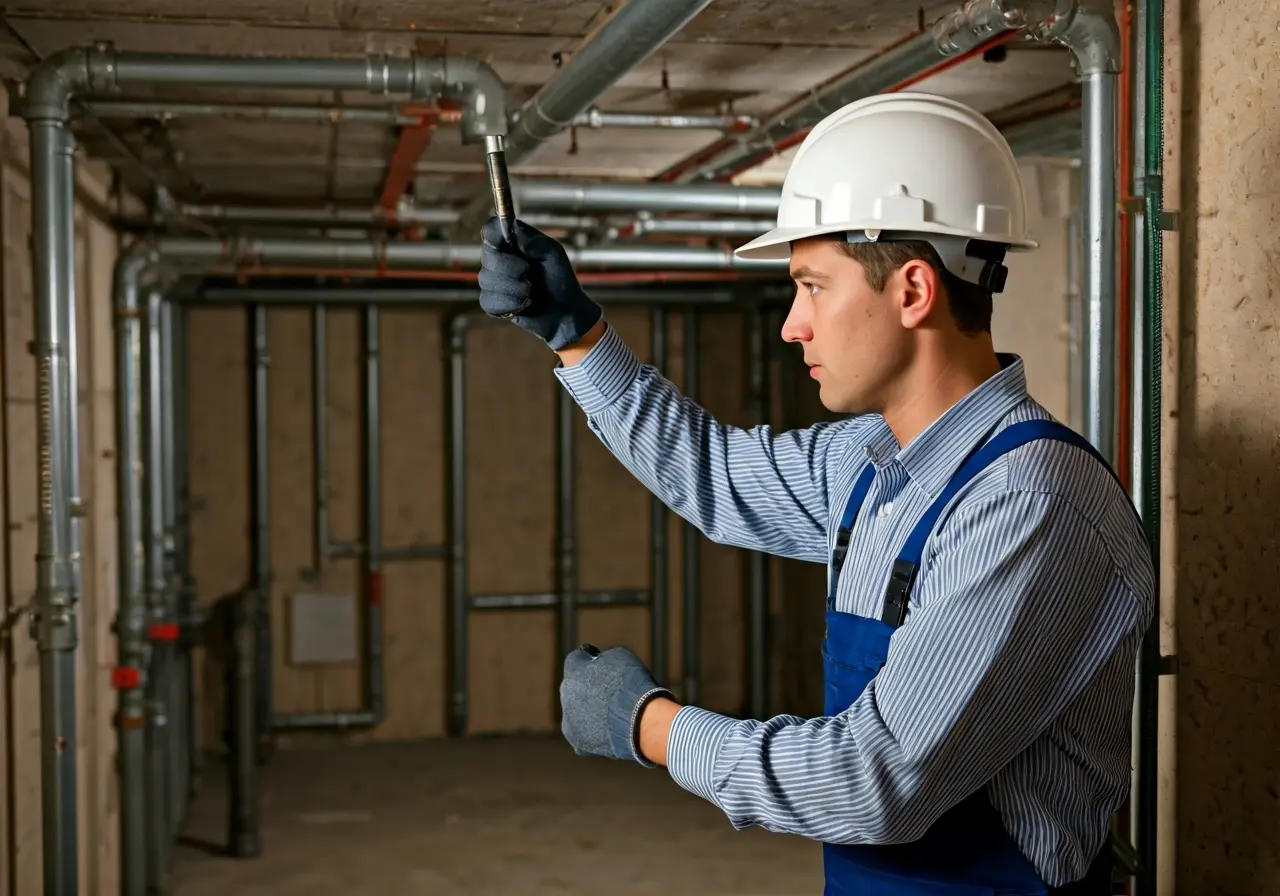 A plumber checking pipes in a commercial building&rsquo;s basement. 35mm stock photo