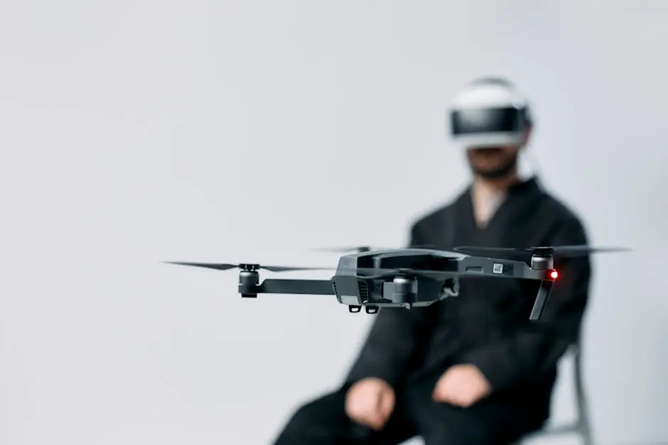 A drone hovers indoors while a person wearing VR goggles holds their hands in anticipation.