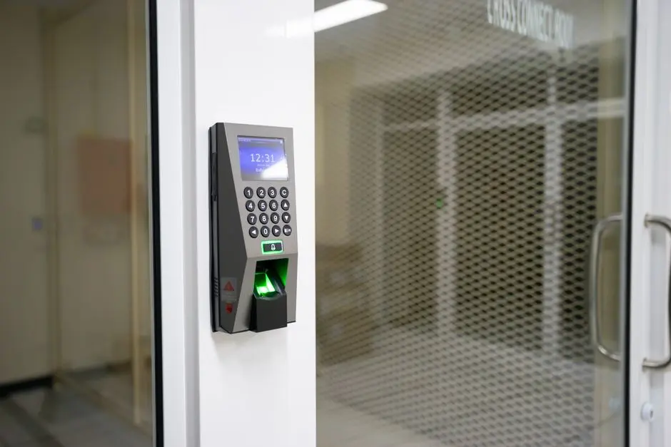A modern fingerprint scanner for secure access control in an office environment.
