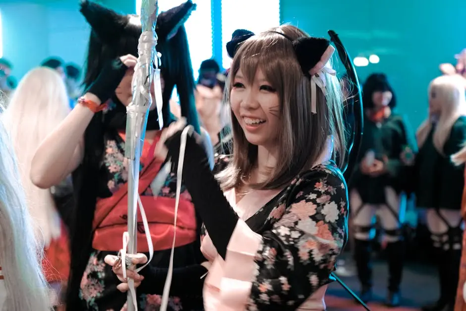 Vibrant cosplay group joyfully interacting at a lively indoor exhibition.