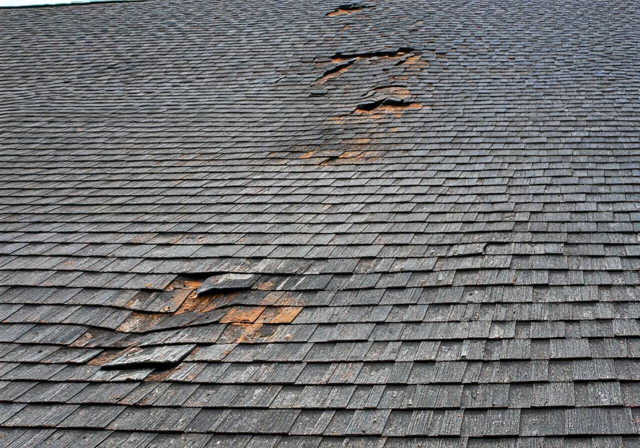 A weathered, shingle roof with visible signs of damage. 35mm stock photo