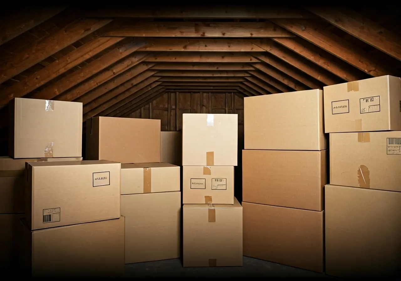 A cluttered attic with labeled moving boxes in Myrtle Beach. 35mm stock photo