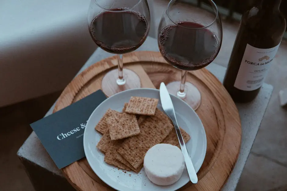 A refined setup of red wine and cheese on a rustic platter, perfect for a Lisbon-themed dining ambiance.