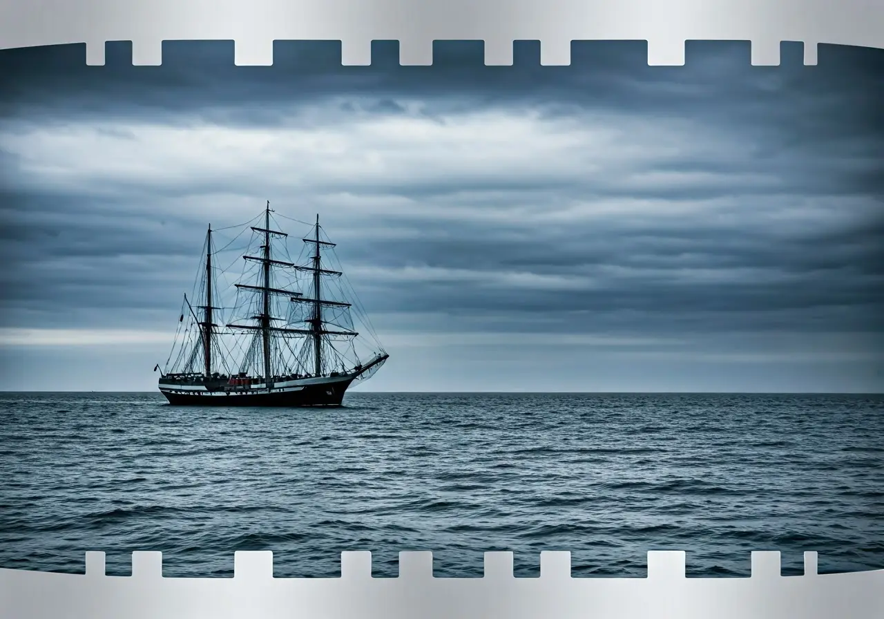 A lighthouse guiding a ship through a dark ocean. 35mm stock photo