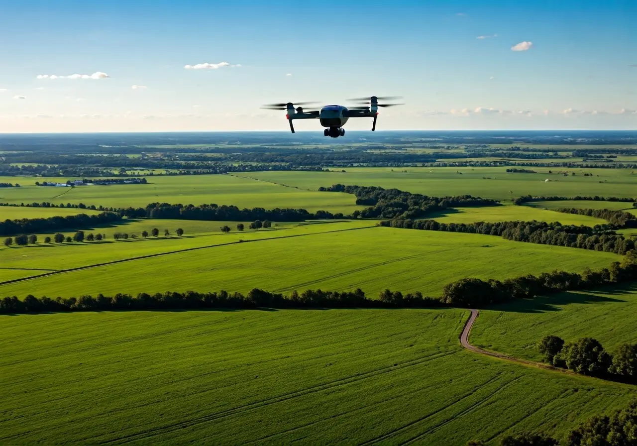 A drone flying over a vast, lush green farmland. 35mm stock photo
