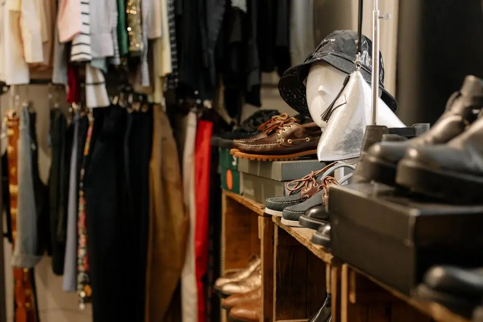 Clothing store interior featuring diverse apparel, shoes, and accessories on display.