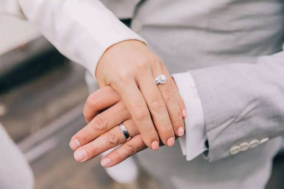 Close-up of intertwined hands displaying elegant wedding and engagement rings.