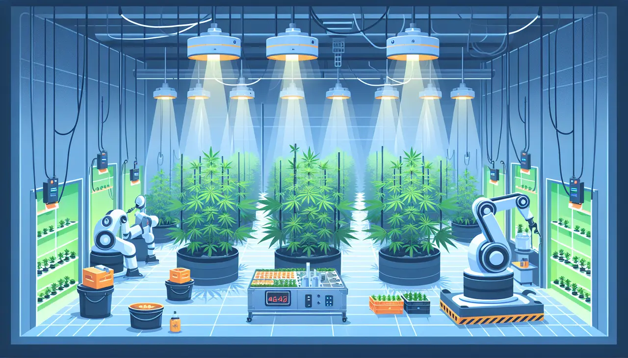 Draw a graphic in flat design style. A flat design image of a modern indoor cannabis farm with automated lights and robotic arms tending to the plants.