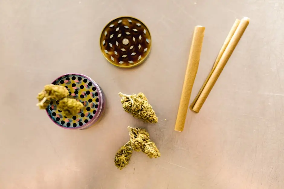 Flat lay of cannabis buds, grinder, and rolling papers on a table.
