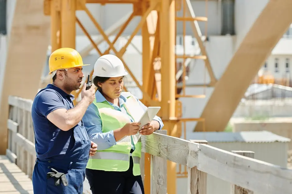 Two construction workers in hardhats discuss plans using a tablet and walkie talkie on-site.