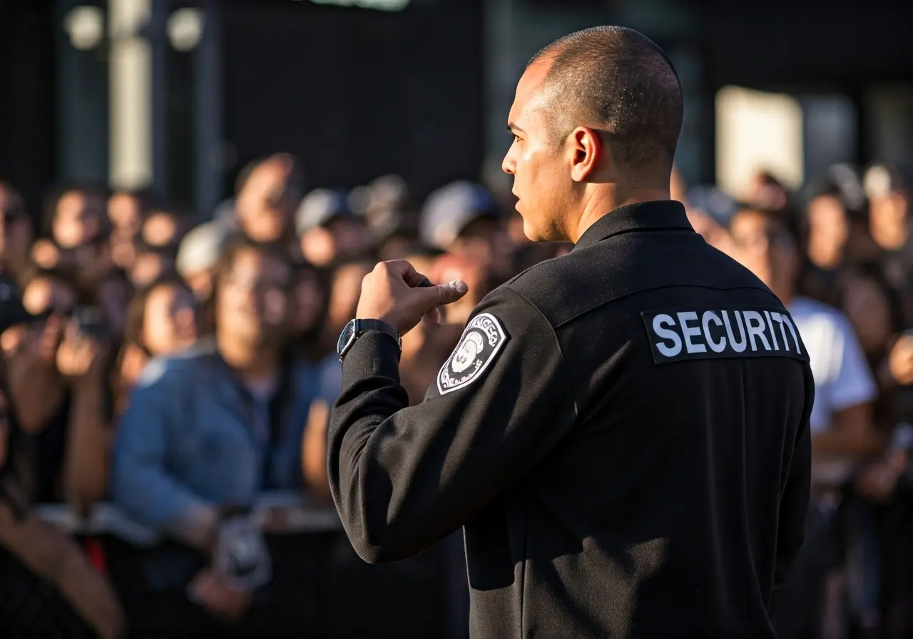 A security guard monitoring a crowd at a Los Angeles event. 35mm stock photo