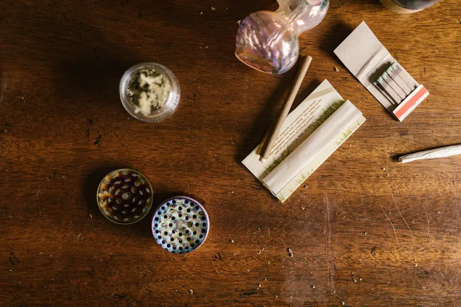 A flat lay of cannabis culture items on a wooden tabletop, including a grinder, rolling paper, and pipe.