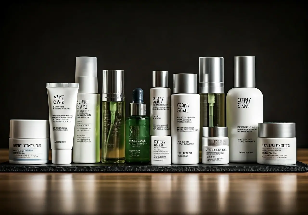 A variety of skincare products arranged neatly on a counter. 35mm stock photo
