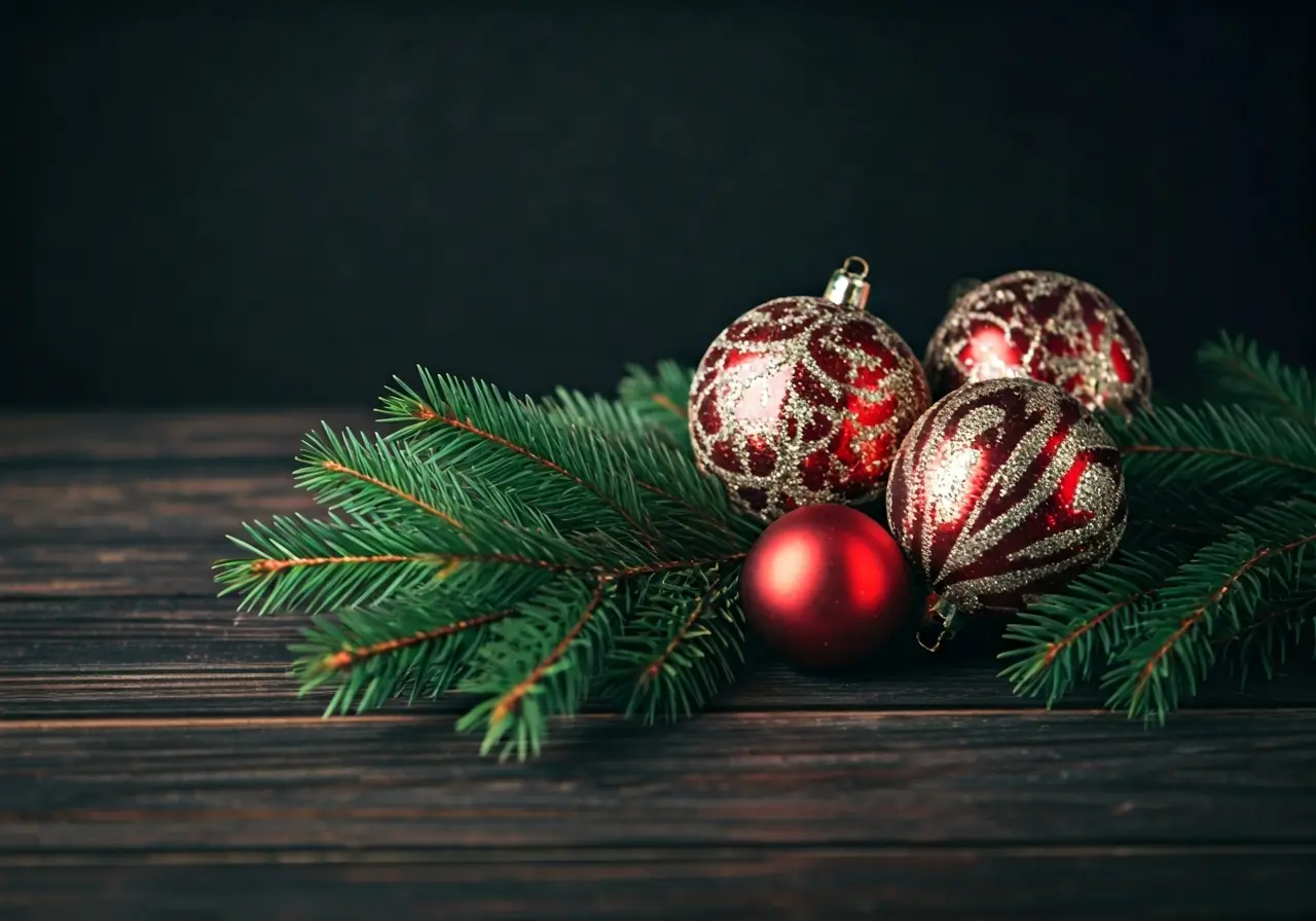 Festive holiday card display with evergreen branches and ornaments. 35mm stock photo