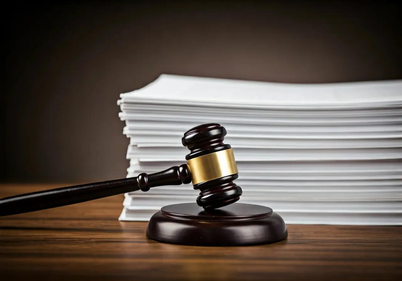 A gavel resting on a thick stack of legal papers. 35mm stock photo