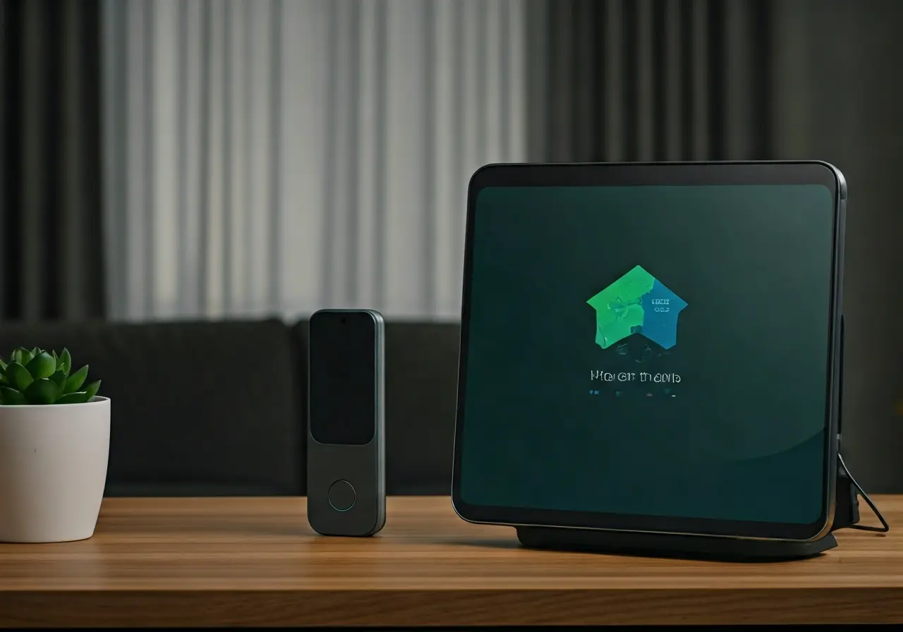 A modern living room featuring high-tech smart home devices. 35mm stock photo