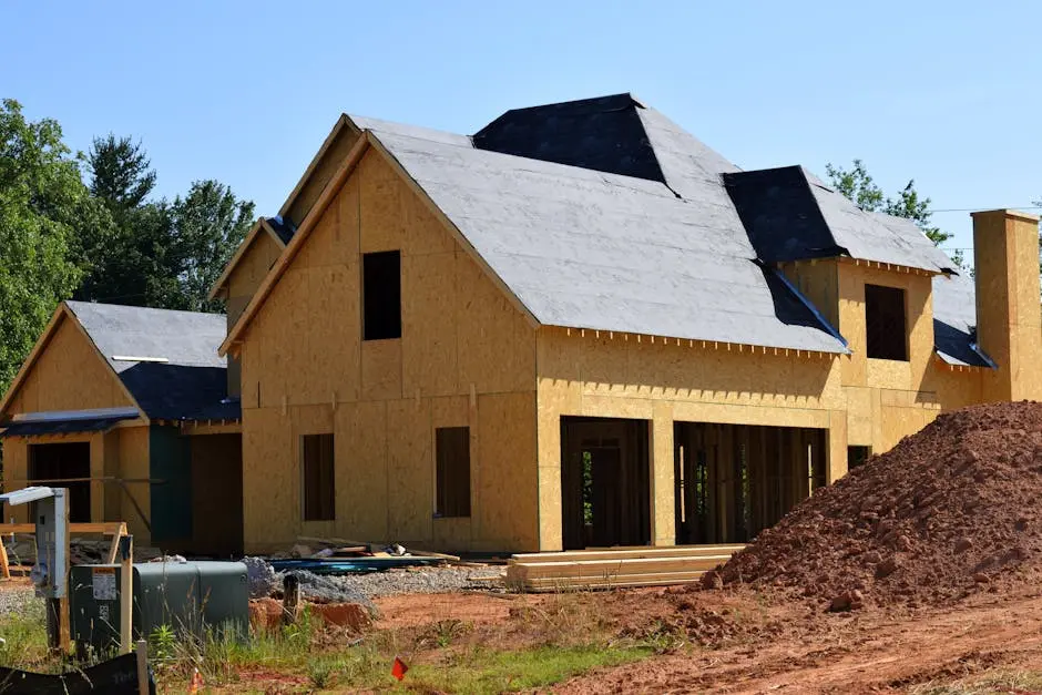 A partially built wooden house under construction, showcasing its progress and design in daylight.