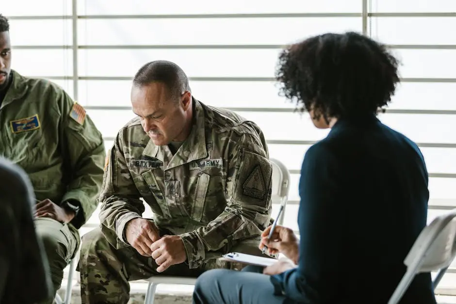 A therapy session for military veterans focusing on mental health and PTSD support.
