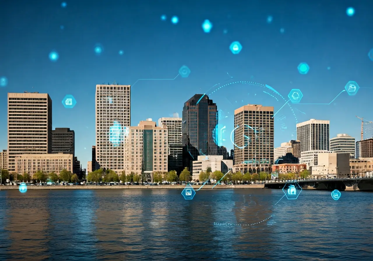 A Spokane cityscape with digital technology icons overlay. 35mm stock photo