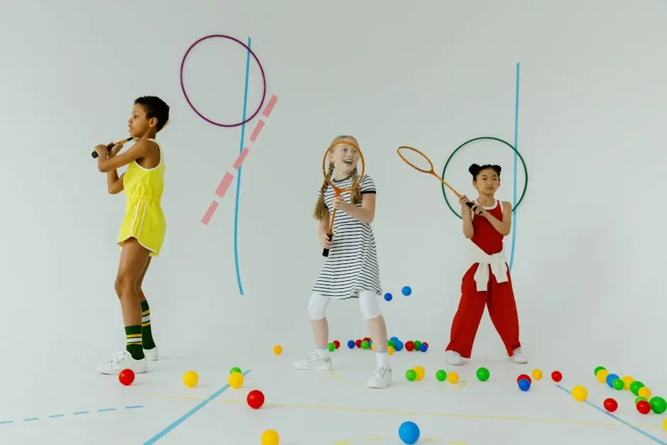 Three diverse children playing tennis indoors with rackets and colorful balls, showcasing fun and diversity.