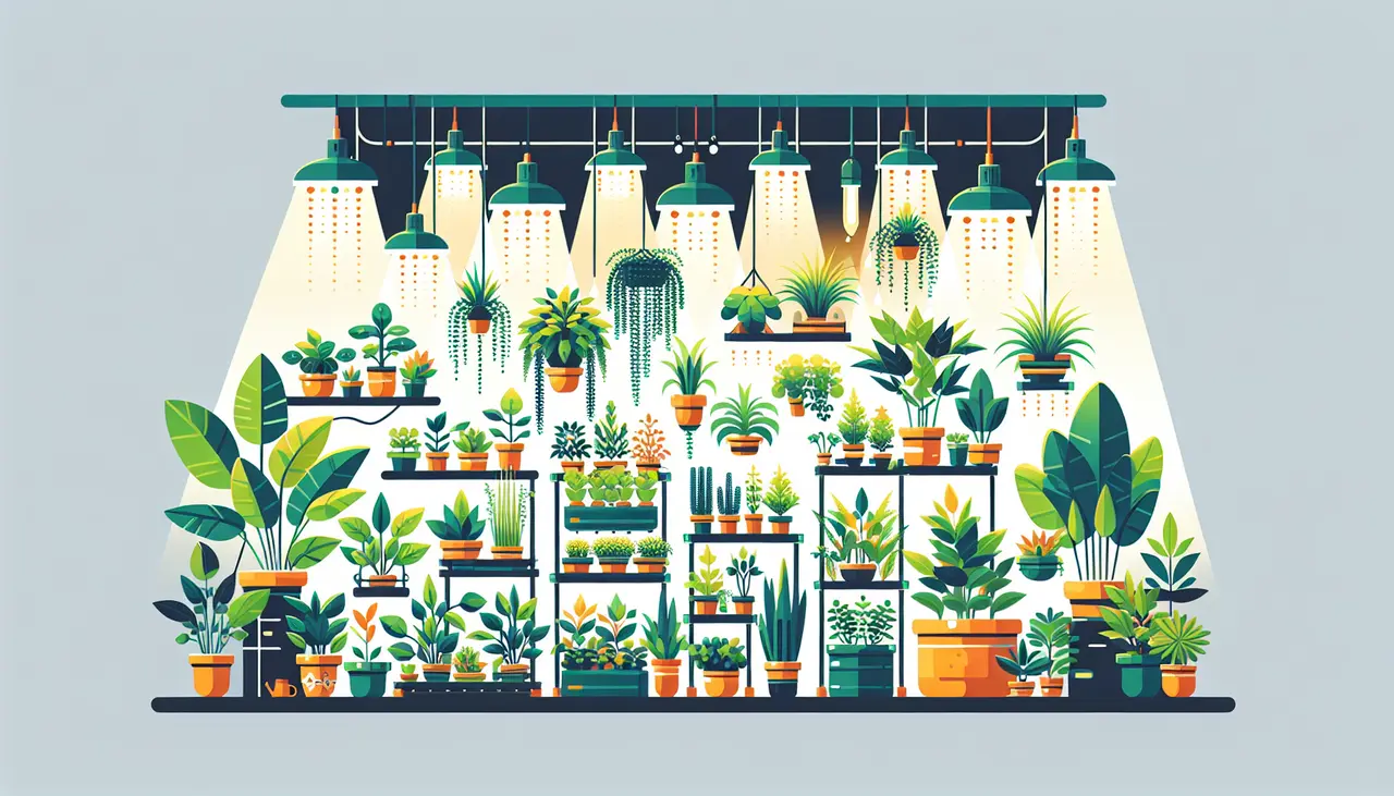 Draw a graphic in flat design style. A flat design illustration of a well-organized indoor garden with various plants in pots, grow lights hanging above, and a small watering system, all demonstrating different indoor cultivation solutions.