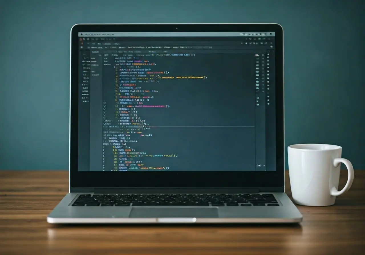 An open laptop displaying code with coffee mug beside it. 35mm stock photo