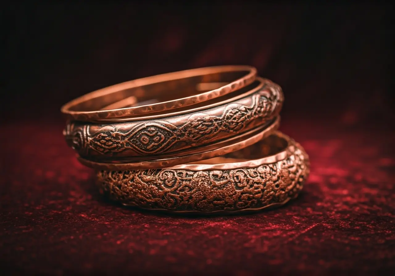 A collection of elegant copper bracelets on a velvet surface. 35mm stock photo